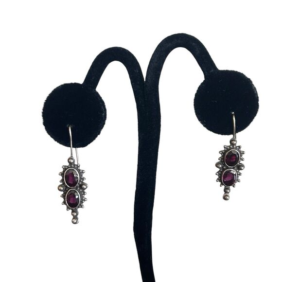 Vintage Sterling Silver Garnet Dangle Earrings Boho Ethnic Style Handcrafted - Picture 1 of 6